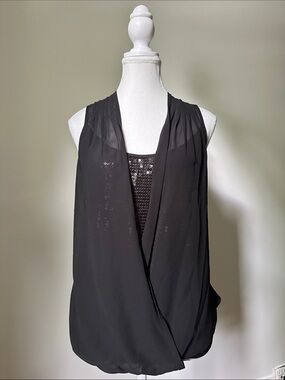 GUESS BY MARCIANO Black Sequin Drape Faux Wrap Whimsigoth Party Tank Top Small